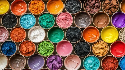 A mesmerizing top-down view of various colorful paint pigments and powders arranged neatly in a vibrant, artistic grid - Powered by Adobe