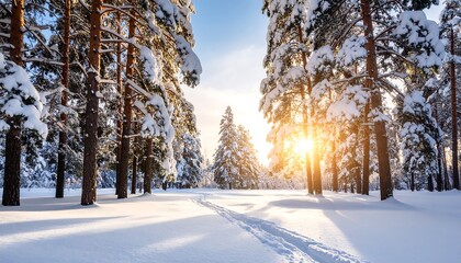 Snowy forest path sunlight