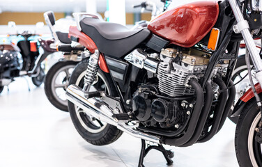 Motorcycle internal combustion engine with air cooling, close-up, detail, macro. Engine parts,...