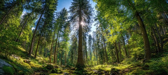 Obraz premium Lush green forest floor bathed in sunlight, with tall trees reaching towards the sky