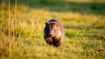 Obraz premium Australian wombat walking on lush green grassy field