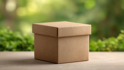 Square kraft box sits on surface, out-of-focus greenery background