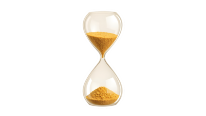 A transparent hourglass with golden sand against a dark background showing time passing slowly
