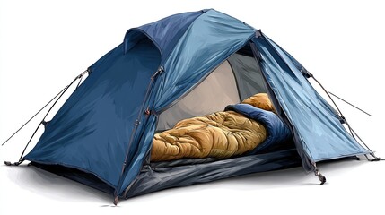 A blue camping tent with a sleeping bag inside