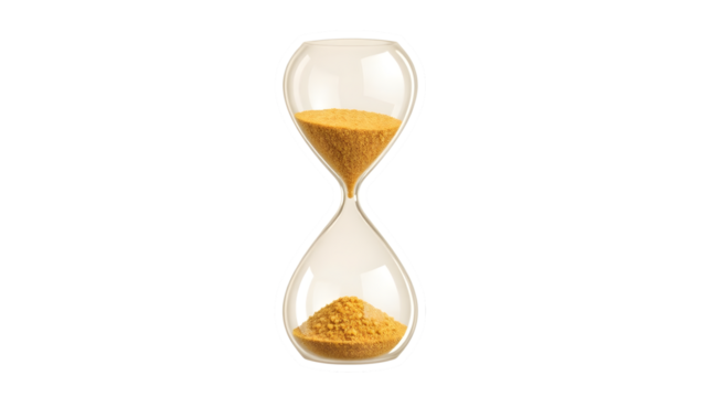 A transparent hourglass with golden sand against a dark background showing time passing slowly