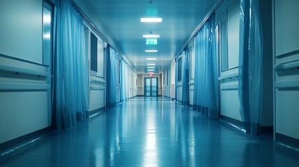 Obraz premium Sterile Hospital Corridor with Blue Lighting and Curtains
