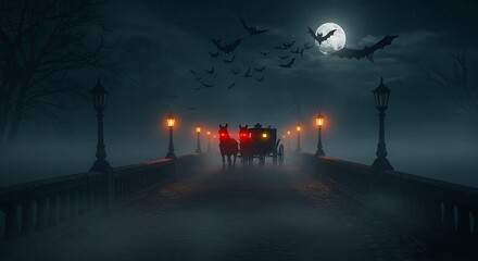 An eerie stone bridge at night shrouded in thick fog, illuminated by faint lanterns. At the far end of the bridge, a black horse-drawn carriage stands still, glowing red eyes from the horses piercing 