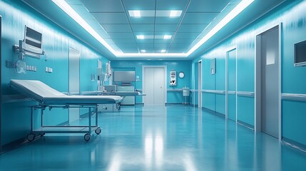 Obraz premium Sterile hospital corridor with gurney and medical gear