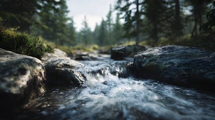 Crystal clear stream flowing over rocks in a lush forest setting