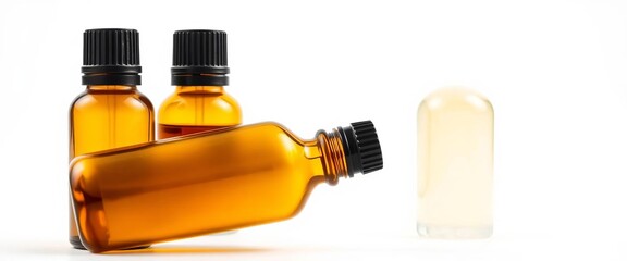 Amber glass bottle of essential oil, isolated on white, bottle, floral