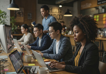 Diverse team collaborating productively in a modern office environment
