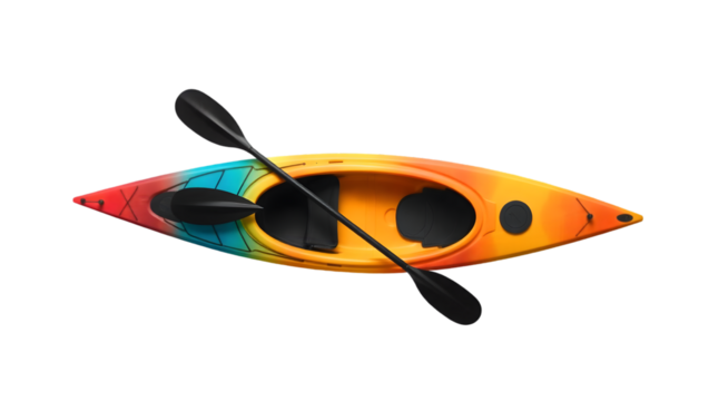 Aerial view of a colorful kayak with a paddle resting across the opening on a black background space