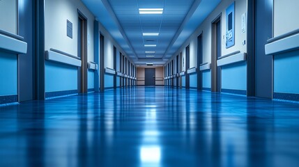 Obraz premium Empty modern hospital corridor with blue reflective floors