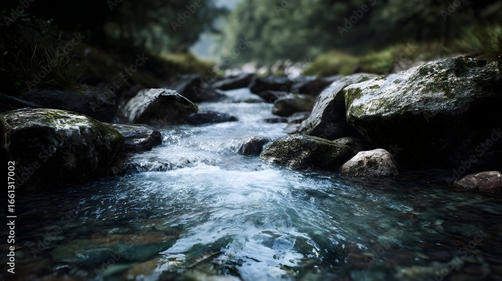 Poster crystal clear stream flowing over rocks in a lush forest setting