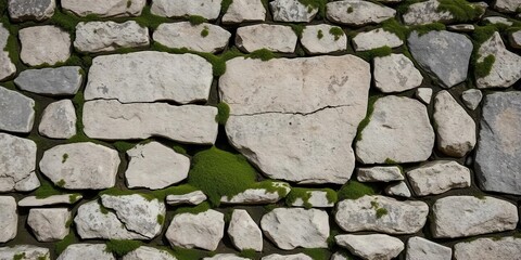 Obraz premium Ancient weathered stone wall, moss-covered, showing age and erosion, building, facade