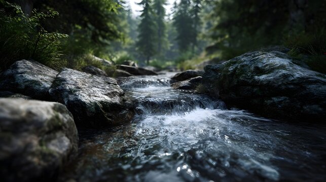 Crystal clear stream flowing over rocks in a forested setting