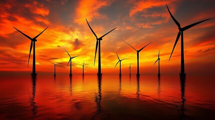 Silhouette wind turbines at sunset over fiery water