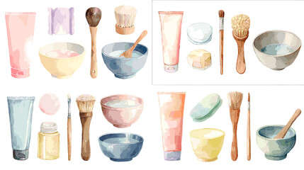 Hand-painted watercolor set of spa and wellness items including bowls, brushes, scrubs, jars, and tubes for skincare and relaxation themes.