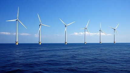 Offshore wind turbines in a vast expanse of blue ocean