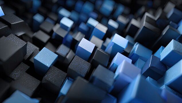 Close-up view of a dense field of interlocking cubes in shades of dark blue and black