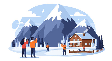 Winter holiday landscape scene with log cabin and people enjoying the mountain view