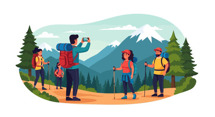 Group embarking on scenic mountain hike capturing moments with a smartphone