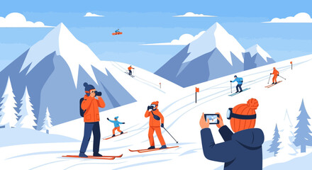 Capturing winter fun: Skiers and snowboarders on snowy mountain slopes