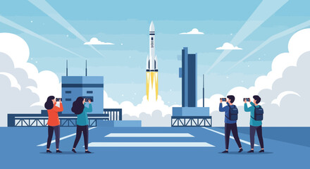 Watching the space rocket launching scene with excited photographers taking pictures