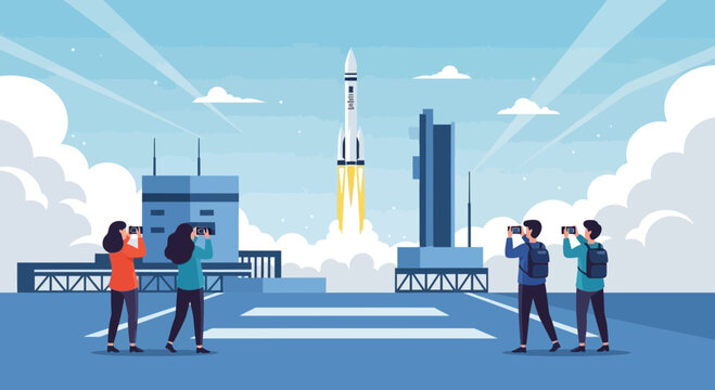 Watching the space rocket launching scene with excited photographers taking pictures