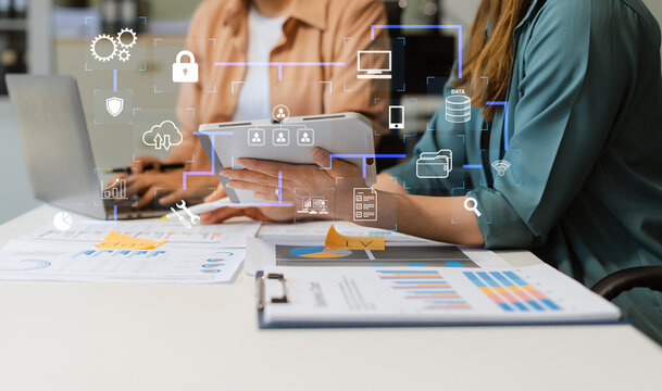 Hand touching secure access service edge icon on smartphone virtual screen background, password, network, framework and support technology in office. secure access service edge concept.