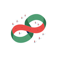 a mobius strip with tiny figures walking along its