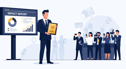 Corporate executive delivering an impact report with media capturing the moment