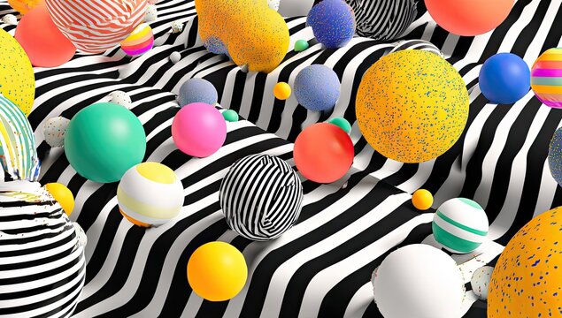 Colorful spheres on a wavy black and white striped background - Powered by Adobe