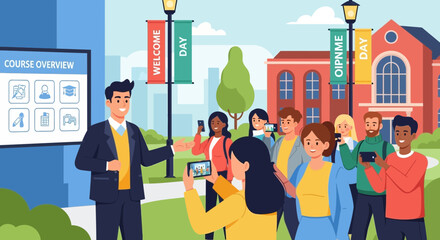 University welcome day orientation event with diverse students taking photos