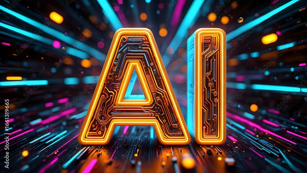 Poster futuristic ai technology concept with glowing orange letters ai set against a vibrant abstract backg