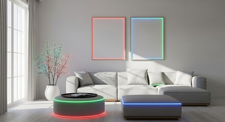 Bright living room with white sofa, neon accents, and two blank picture frames interior home