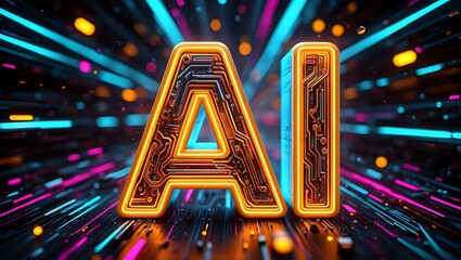 Futuristic ai technology concept with glowing orange letters ai set against a vibrant abstract background of neon light streaks and bokeh effects symbolizing digital data and innovation