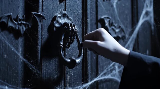 Hand knocks on spooky door featuring skeleton knocker and cobwebs