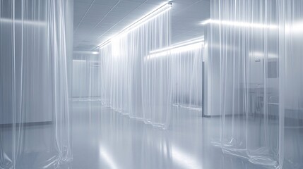 Fototapeta premium Bright futuristic corridor with sheer curtains and reflections