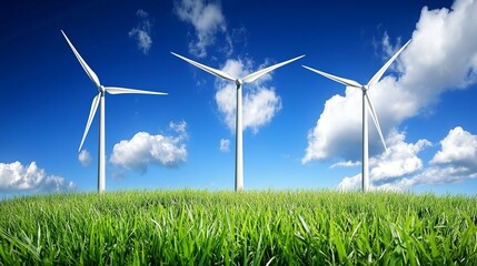 Three wind turbines on a grassy hill under a vibrant blue sky (1)