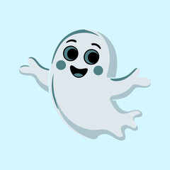Friendly ghost waving on blue background, cute little spirit character, Halloween nursery art, sticker poster t shirt vector