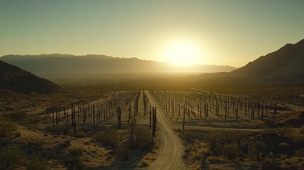 Obraz premium Desert vista at sunrise, rows of dry plants