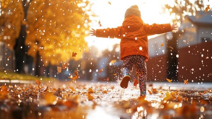 Cheerful child playing after rain, leaping through puddles in orange rain jacket and patterned rubber boots, arms wide and smile visible