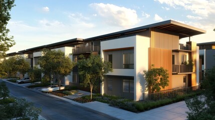 Modern apartment complex facade, tranquil setting