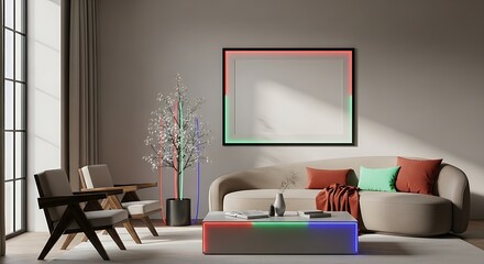 Contemporary Living Room With Sofa, Chairs, Plant and Neon Lighting interior furniture