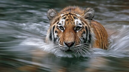 Naklejka premium Majestic tiger emerges from water, its intense gaze captivating in this dramatic wildlife portrait