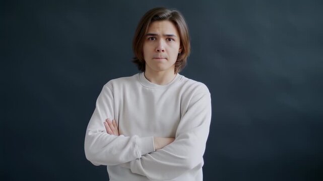 Skeptical Young Man with Long Hair Shows Disgust and Judgment Against a Dark Background