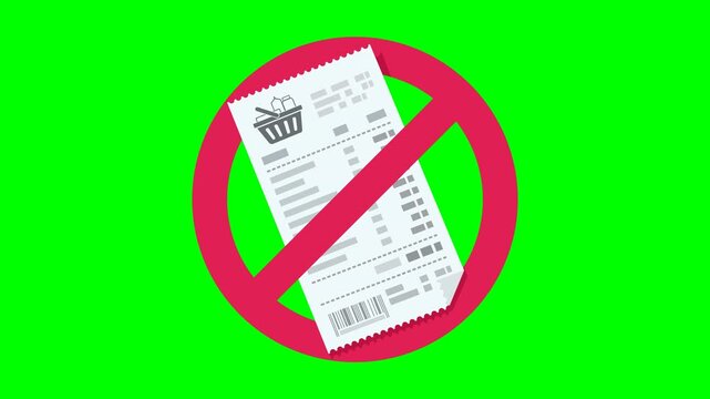 Appearance of a crossed out red circular prohibition symbol on a sales receipt on green screen with alpha channel in flat design style