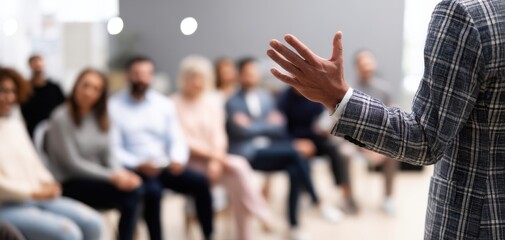 The speaker engaging with an attentive audience during a professional presentation.