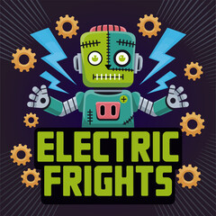 Electric frights typography badge, vintage robot within cog border, neon glow energy, fun Halloween design, vector graphic for apparel, decals, digital marketing
